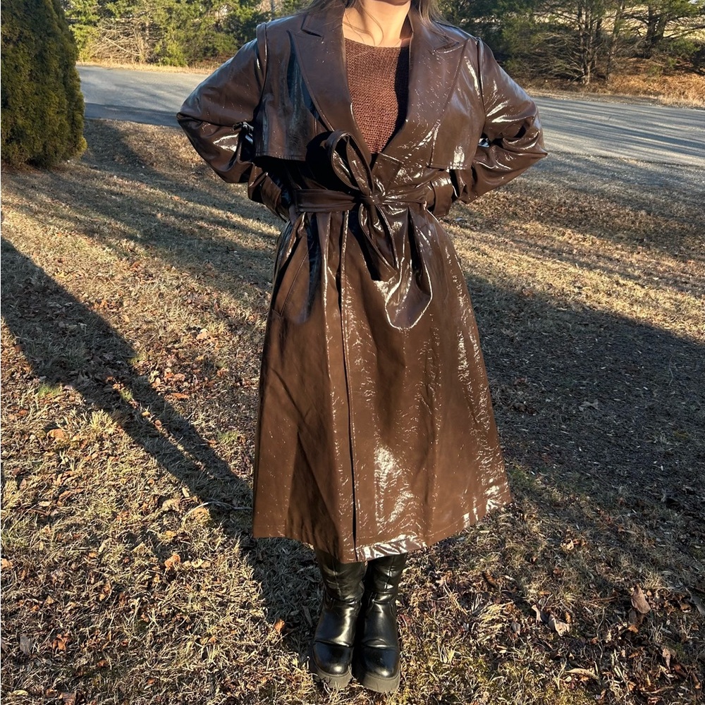 Brown Faux Leather Women's Trench Coat